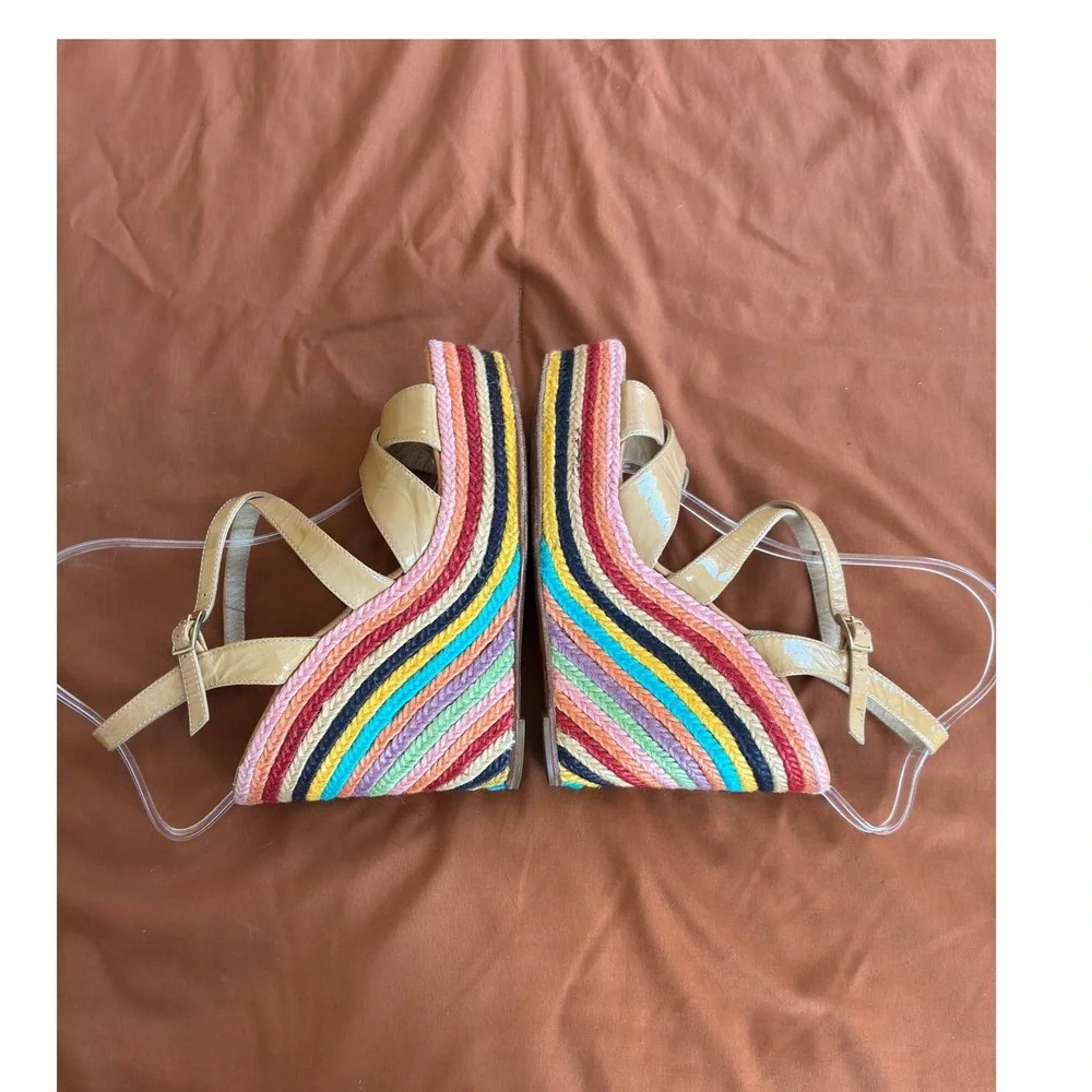 Kate Spade New York Rainbow Wedge Sandals Nude Patent Leather Ankle Strap 8.5